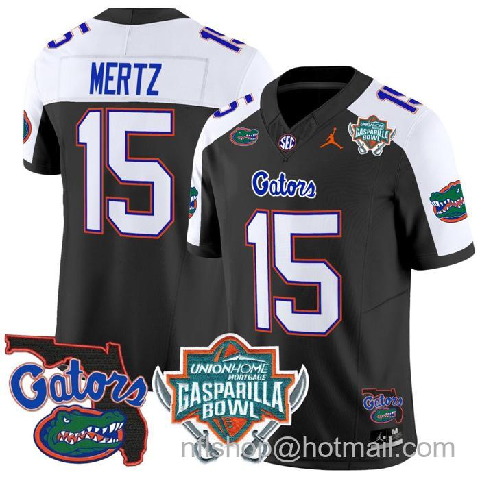 Men's Jordan Brand Graham Mertz Jersey #15 Florida Gators 2025 Gasparilla Bowl Patch Black Alternate