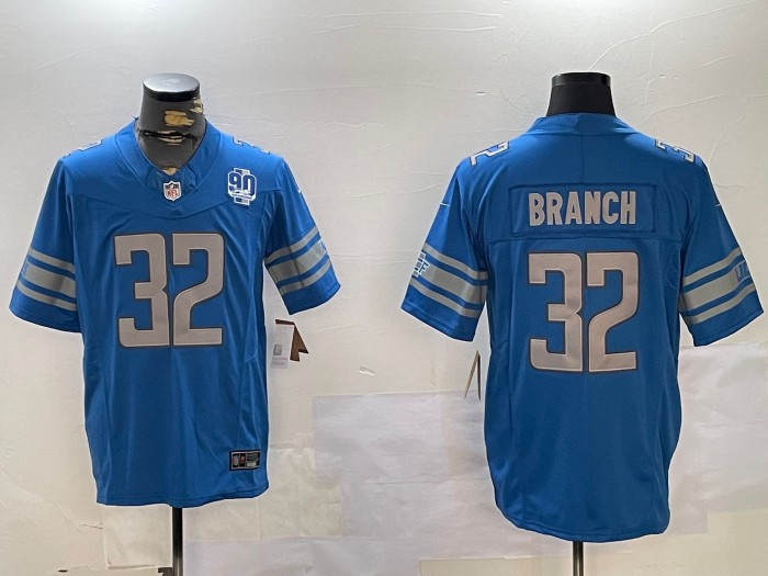 Men's Detroit Lions #32 Brian Branch Blue With 90th Patch FUSE Vapor Nike Limited Stitched Football Jersey