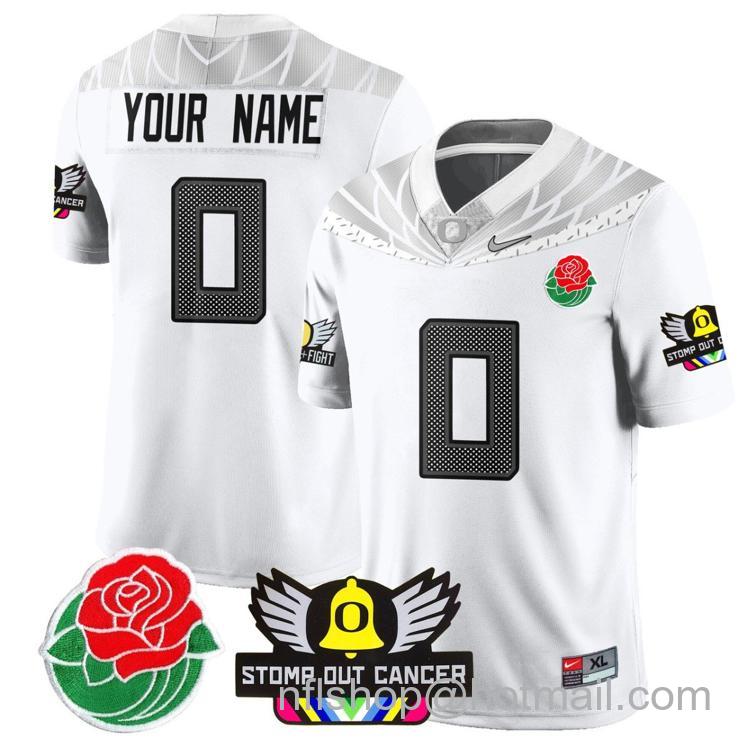 Men's Nike Custom Oregon Ducks Jersey 2024 Rose Bowl Stomp Out Cancer Patch Football Stitched White