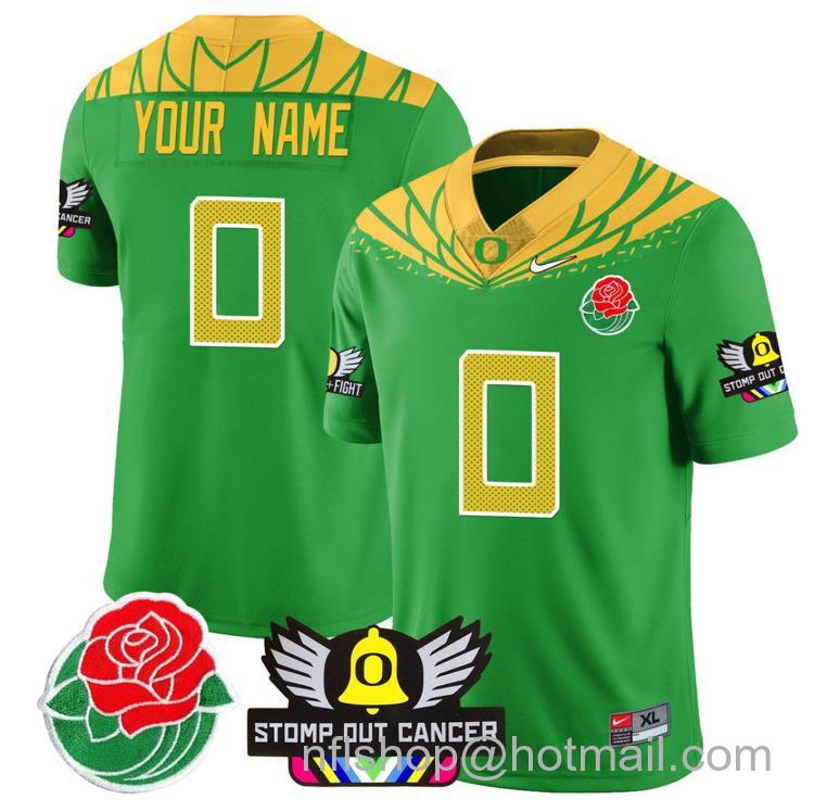 Men's Nike Custom Oregon Ducks Jersey 2024 Rose Bowl Stomp Out Cancer Patch Football Stitched Green