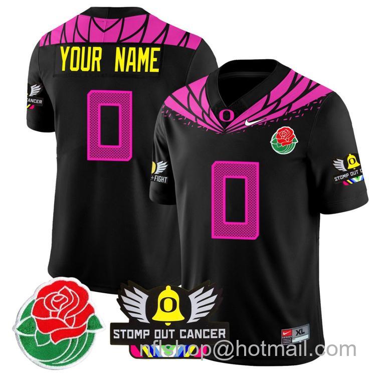 Men's Nike Custom Oregon Ducks Jersey 2024 Rose Bowl Stomp Out Cancer Patch Football Stitched Black Pink