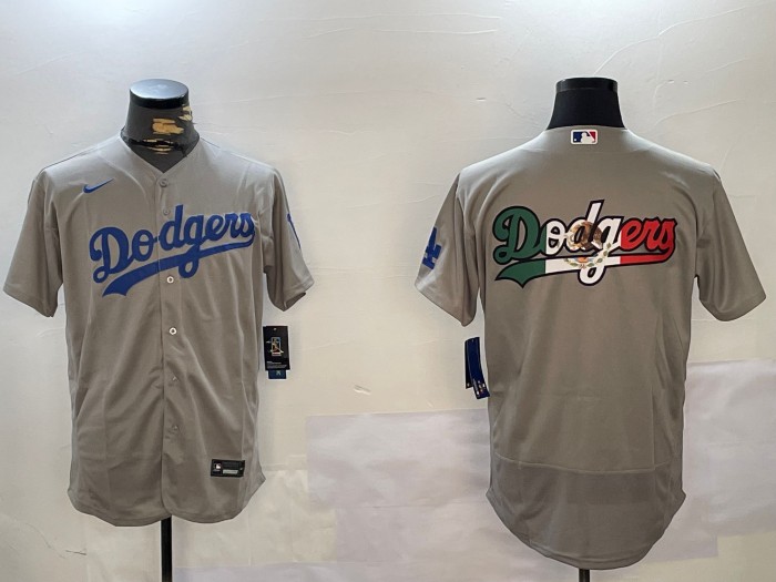 Men's Los Angeles Dodgers Big Team Logo Patch Grey Nike Flex Base MLB Jersey Mexico