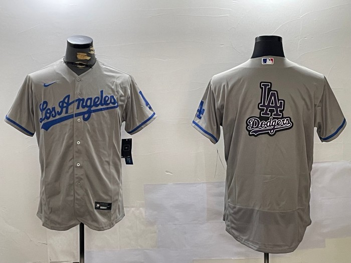 Men's Los Angeles Dodgers Big Team Logo LA Patch Grey Nike Flex Base MLB  Jerseys