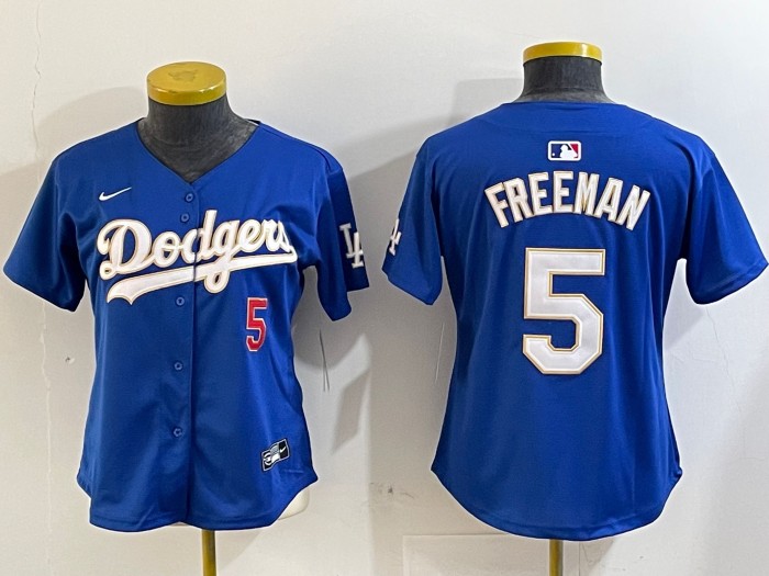 Women's Los Angeles Dodgers #5 Freddie Freeman Royal Gold Cool Base Stitched Baseball Jersey