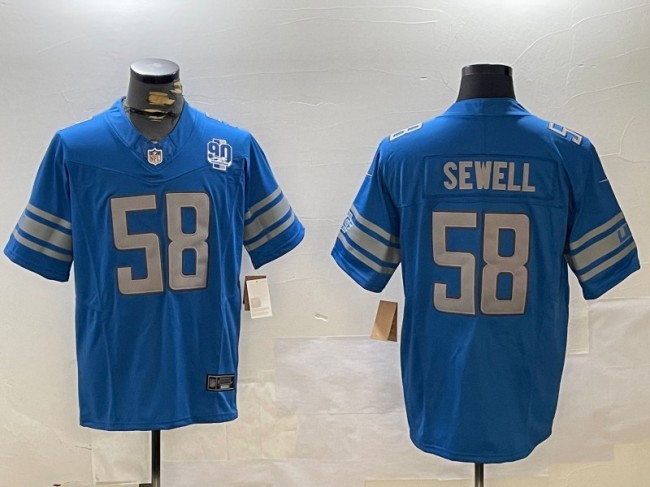 Men's Detroit Lions #58 Penei Sewell Blue With 90th Patch 2023 F.U.S.E. Vapor Limited Stitched Jersey