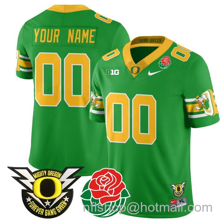 Men's Nike Custom Oregon Ducks Jersey Name, Number 2024 Rose Bowl Patch Stitched Green