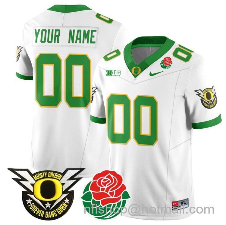 Men's Nike Custom Oregon Ducks Jersey Name, Number 2024 Rose Bowl Patch N2 White