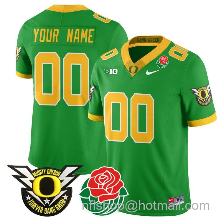 Men's Nike Custom Oregon Ducks Jersey Name, Number 2024 Rose Bowl Patch N2 Green