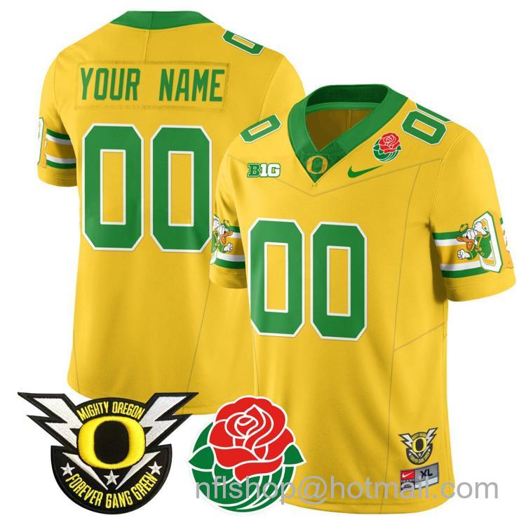 Men's Nike Custom Oregon Ducks Jersey Name, Number 2024 Rose Bowl Patch Stitched Yellow