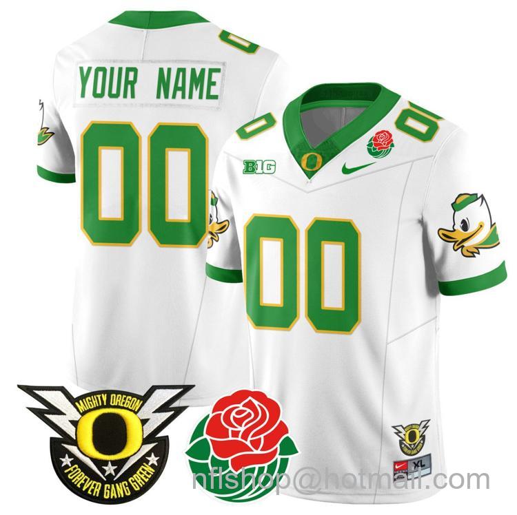 Men's Nike Custom Oregon Ducks Jersey Name, Number 2024 Rose Bowl Patch N1 White