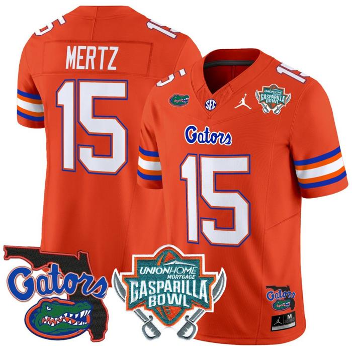 Men's Jordan Brand Graham Mertz Jersey #15 Florida Gators 2025 Gasparilla Bowl Patch Orange