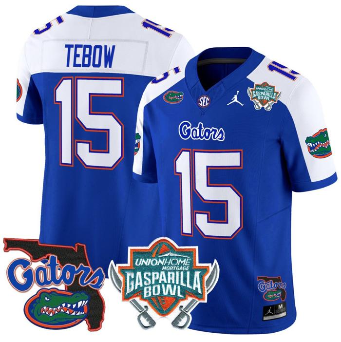 Men's Jordan Brand Tim Tebow Jersey #15 Florida Gators 2025 Gasparilla Bowl Patch Royal Alternate