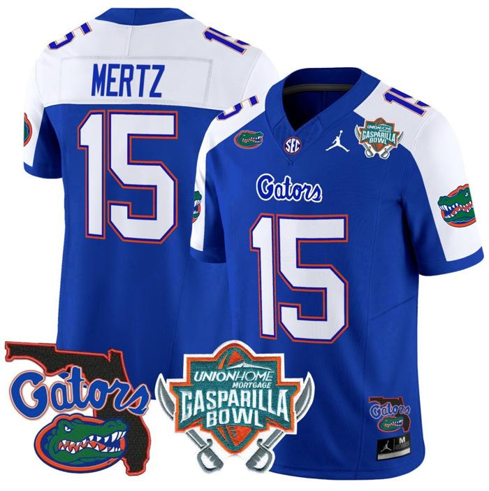 Men's Jordan Brand Graham Mertz Jersey #15 Florida Gators 2025 Gasparilla Bowl Patch Royal Alternate