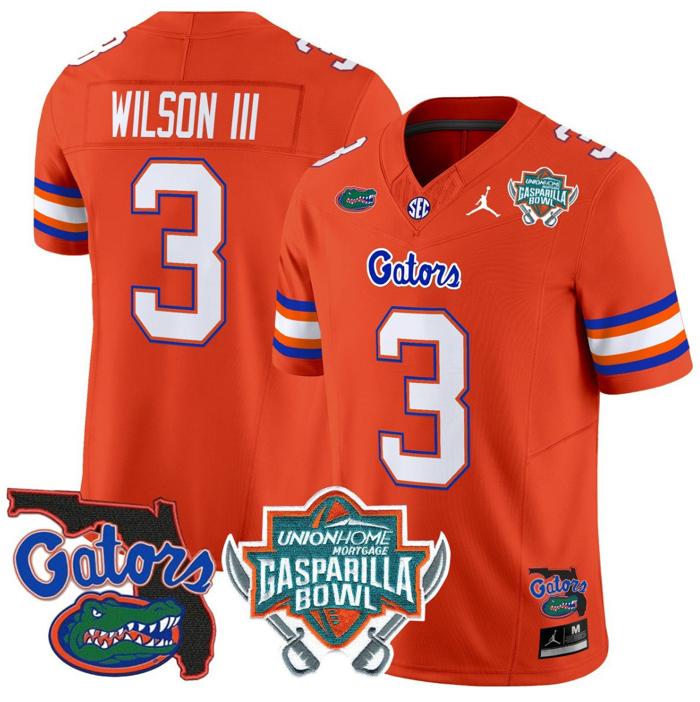 Men's Jordan Brand Eugene Wilson III Jersey #3 Florida Gators 2025 Gasparilla Bowl Patch Orange