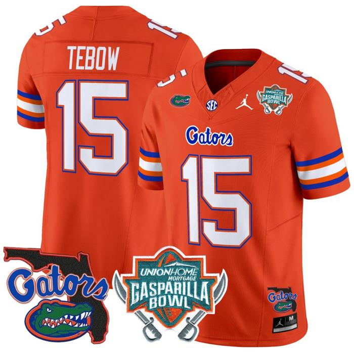 Men's Jordan Brand Tim Tebow Jersey #15 Florida Gators 2025 Gasparilla Bowl Patch Orange