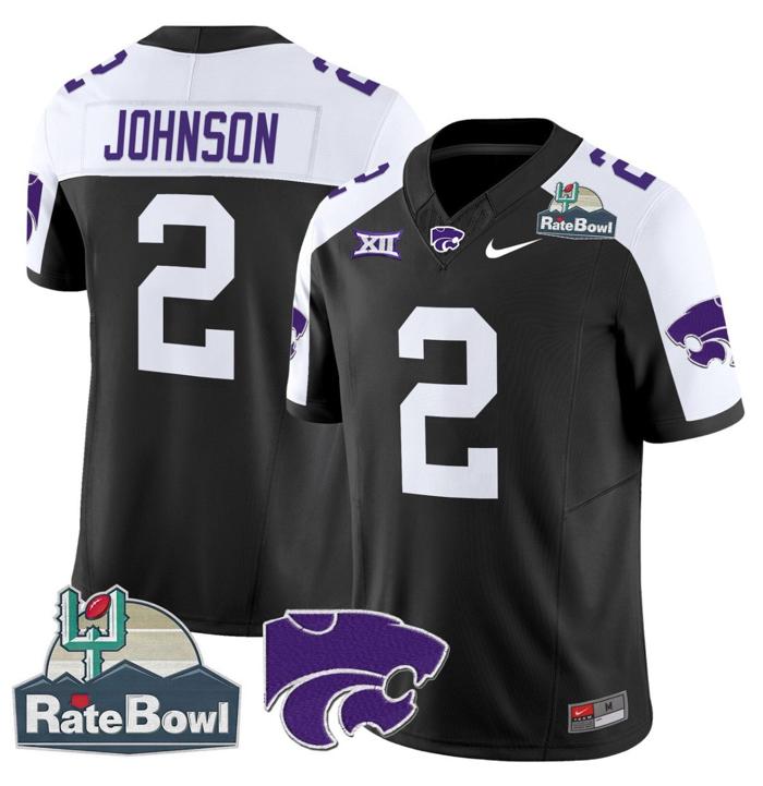 Men's Nike Avery Johnson Jersey #2 Kansas State Wildcats 2025 Rate Bowl Patch Black Alternate