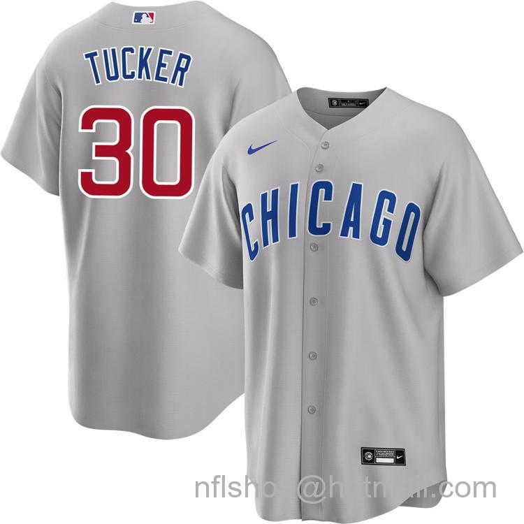 Men's Chicago Cubs #30 Kyle Tucker Gray Road Nike Cool Base Stitched MLB Jersey