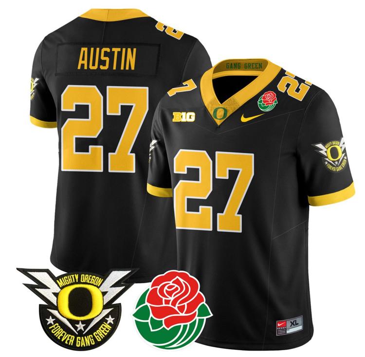 Men's Nike Daylen Austin Jersey #27 Oregon Ducks 2024 Mighty Rose Bowl Patch N2 Black