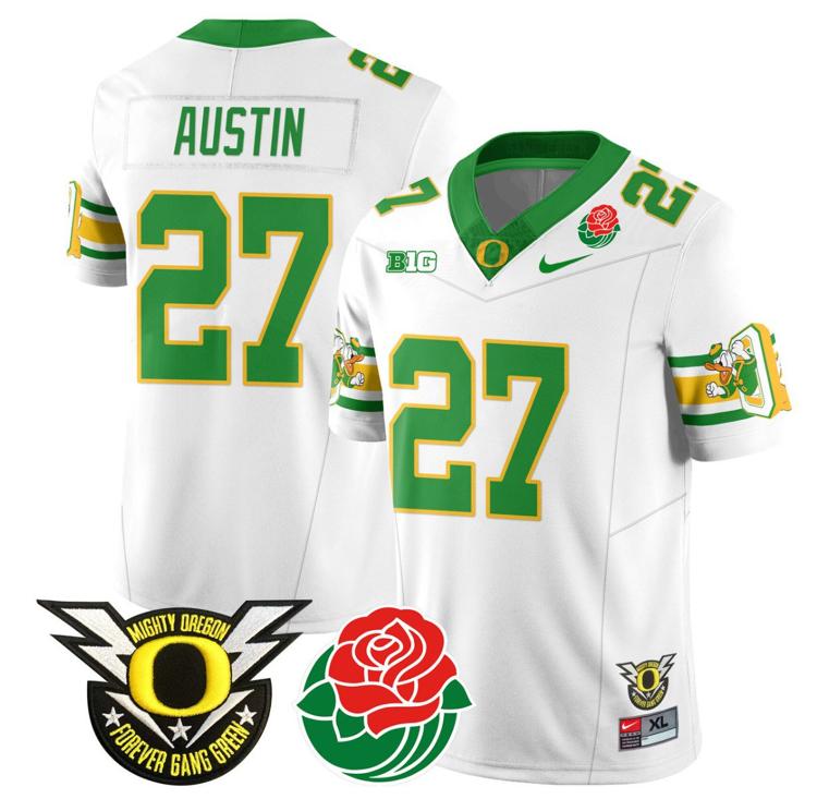 Men's Nike Daylen Austin Jersey #27 Oregon Ducks 2024 Rose Bowl Patch Football White