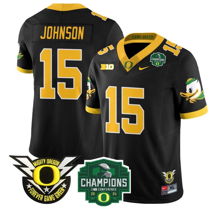 Men's Nike Tez Johnson Jersey #15 Oregon Ducks 2024 Big Ten Champions Football Black