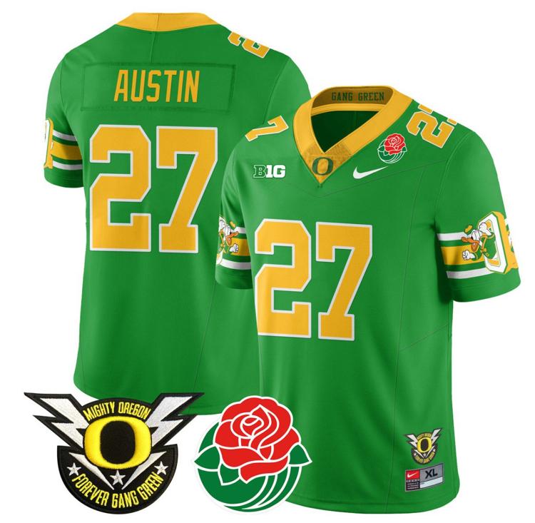 Men's Nike Daylen Austin Jersey #27 Oregon Ducks 2024 Rose Bowl Patch Football Green