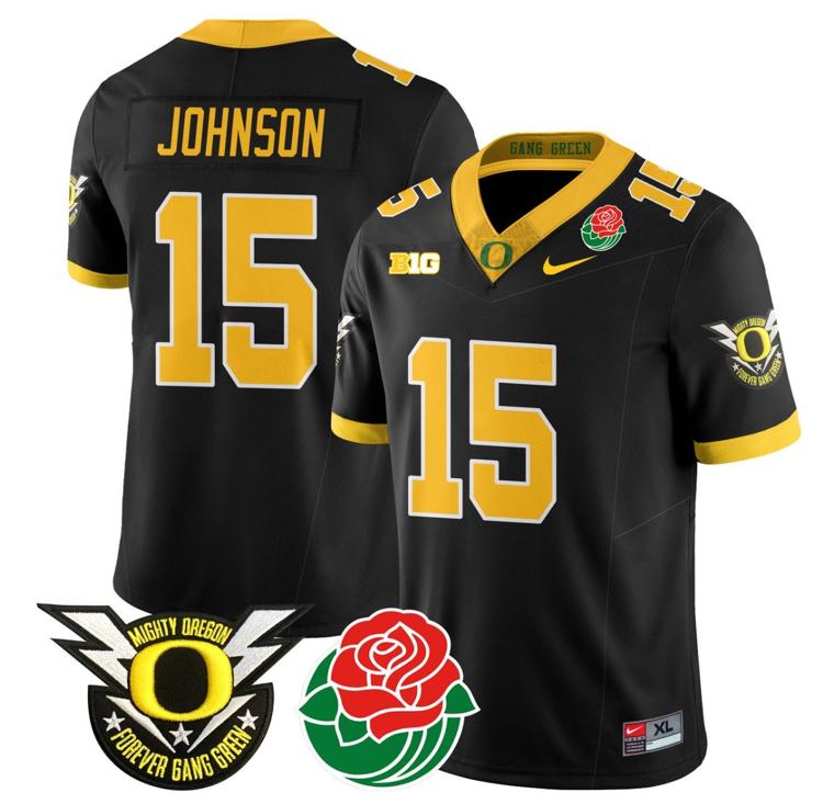 Men's Nike Tez Johnson Jersey #15 Oregon Ducks 2024 Mighty Rose Bowl Patch N2 Black