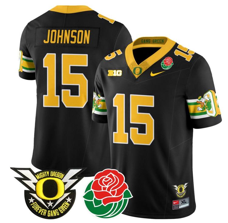 Men's Nike Tez Johnson Jersey #15 Oregon Ducks 2024 Rose Bowl Patch Football Black