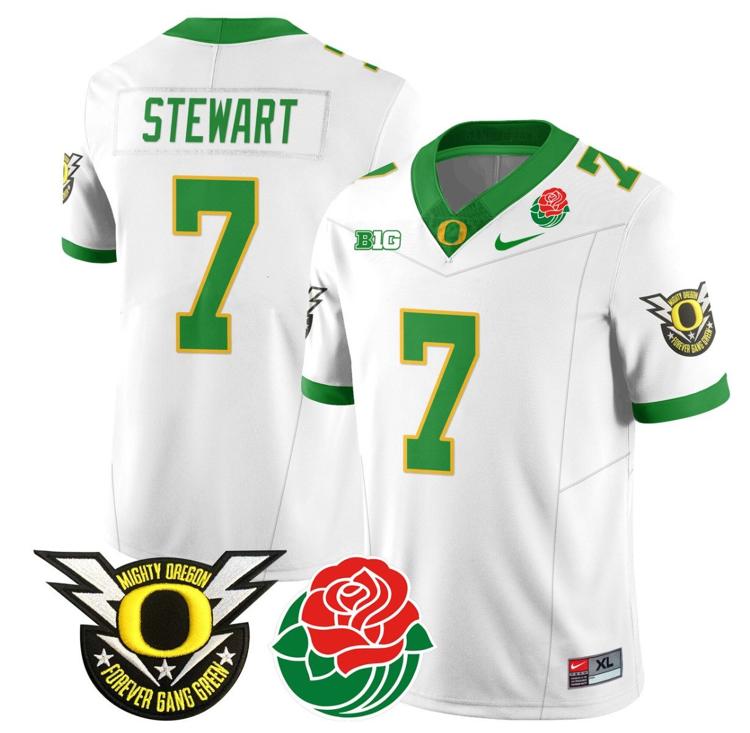 Men's Nike Evan Stewart Jersey #7 Oregon Ducks 2024 Mighty Rose Bowl Patch N2 White