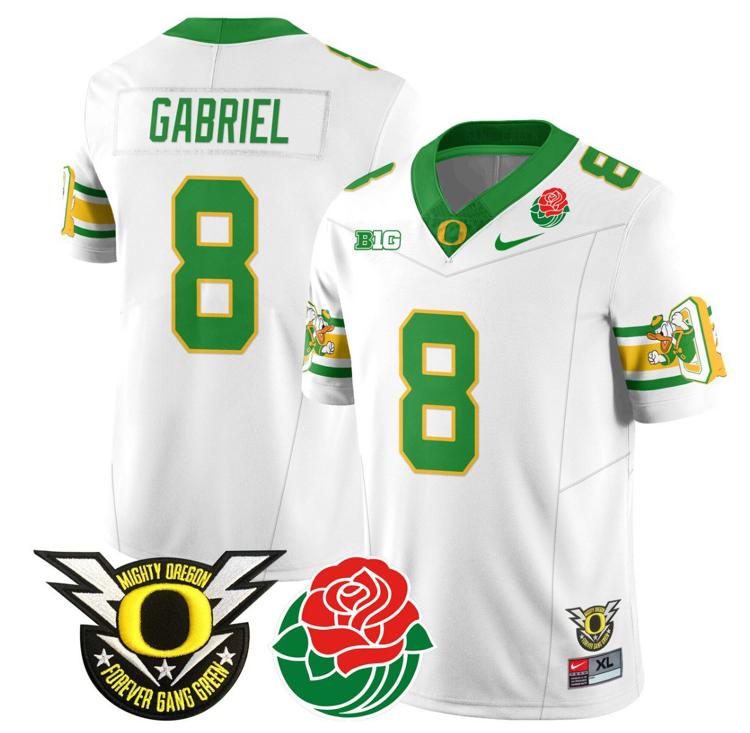 Men's Nike Dillon Gabriel Jersey #8 Oregon Ducks 2024 Rose Bowl Patch Football White