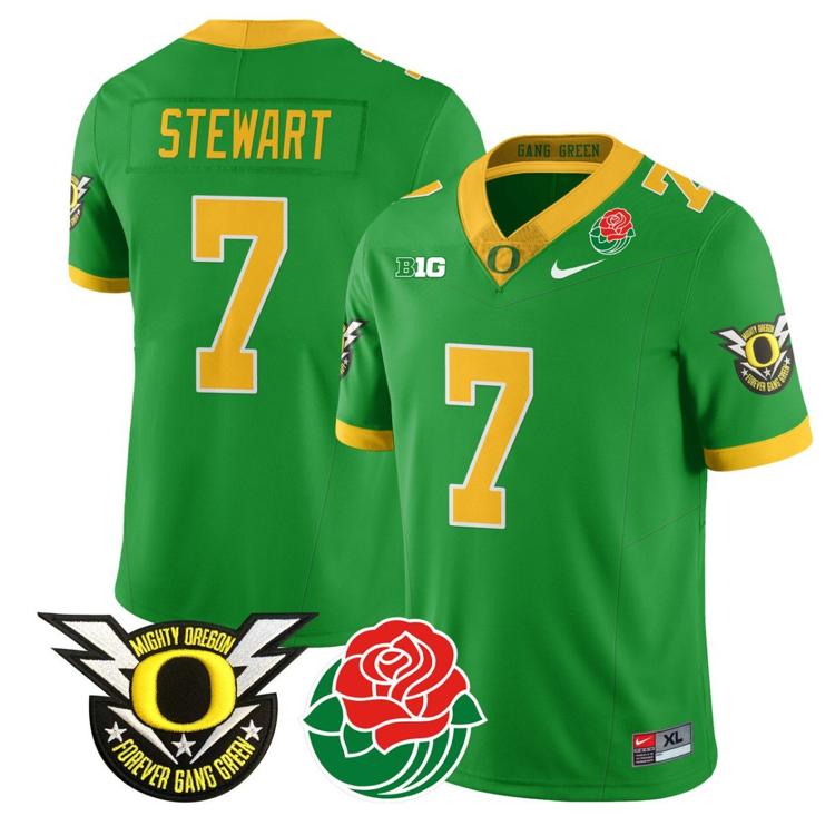 Men's Nike Evan Stewart Jersey #7 Oregon Ducks 2024 Mighty Rose Bowl Patch N2 Green