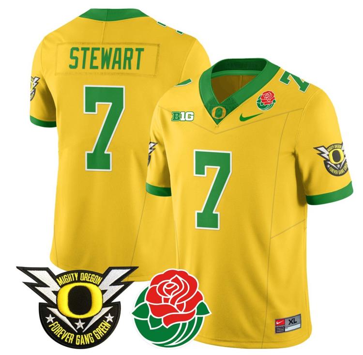 Men's Nike Evan Stewart Jersey #7 Oregon Ducks 2024 Mighty Rose Bowl Patch N2 Yellow