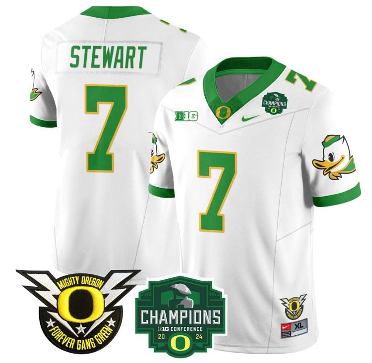 Men's Nike Evan Stewart Jersey #7 Oregon Ducks 2024 Big Ten Champions Football White