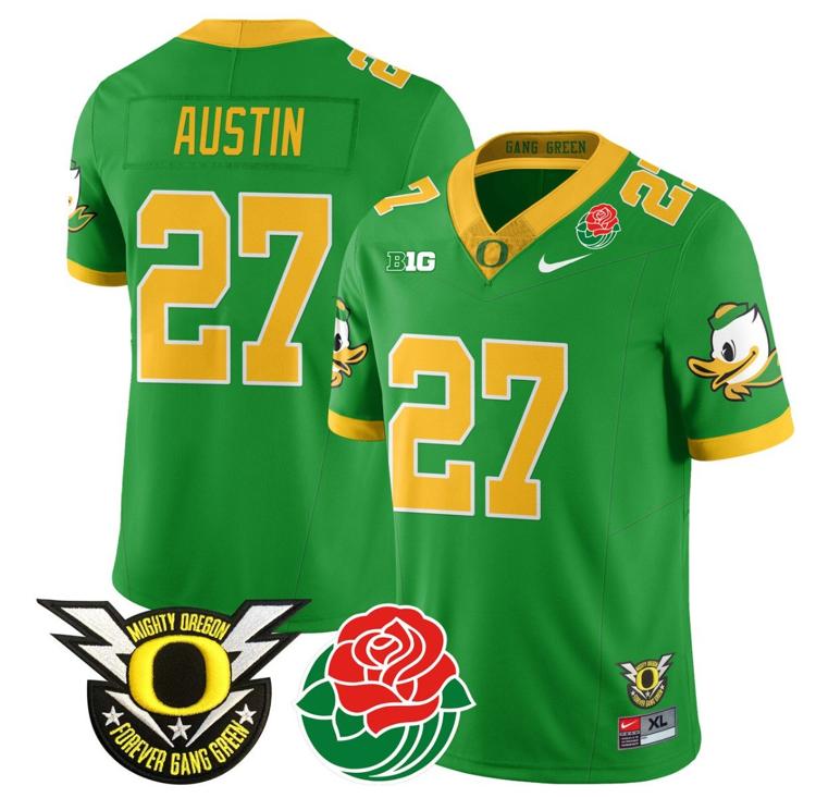 Men's Nike Daylen Austin Jersey #27 Oregon Ducks 2024 Rose Bowl Patch N1 Football Green