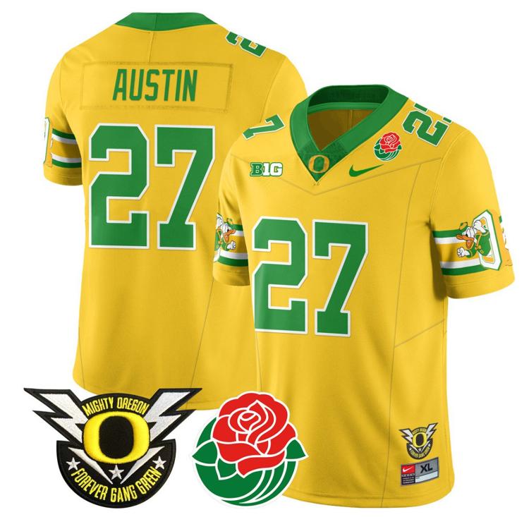 Men's Nike Daylen Austin Jersey #27 Oregon Ducks 2024 Rose Bowl Patch Football Yellow