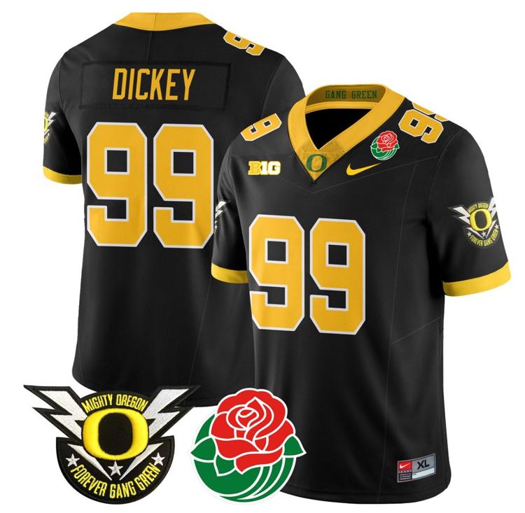 Men's Nike Jurrion Dickey Jersey #99 Oregon Ducks 2024 Mighty Rose Bowl Patch N2 Black