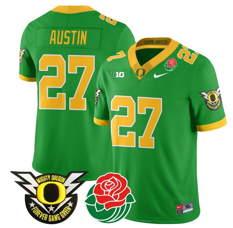 Men's Nike Daylen Austin Jersey #27 Oregon Ducks 2024 Mighty Rose Bowl Patch N2 Green