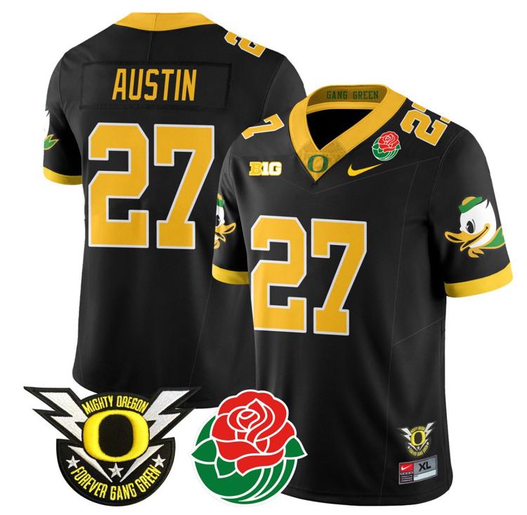 Men's Nike Daylen Austin Jersey #27 Oregon Ducks 2024 Rose Bowl Patch N1 Football Black