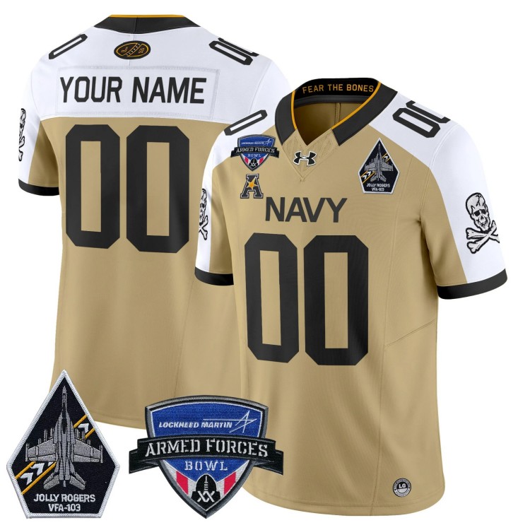 Custom Men's Youth Navy Midshipmen 2025 Armed Forces Bowl Jolly Rogers Patch Vapor Limited Stitched Football Jersey Gold Alterntate