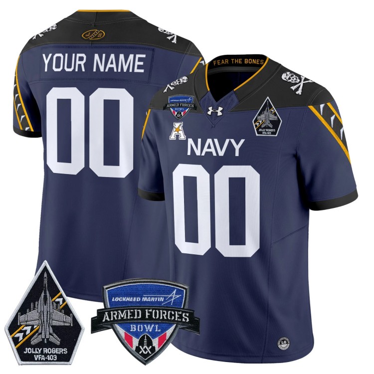 Custom Men's Youth Navy Midshipmen 2025 Armed Forces Bowl Jolly Rogers Patch Vapor Limited Stitched Football Jersey Navy