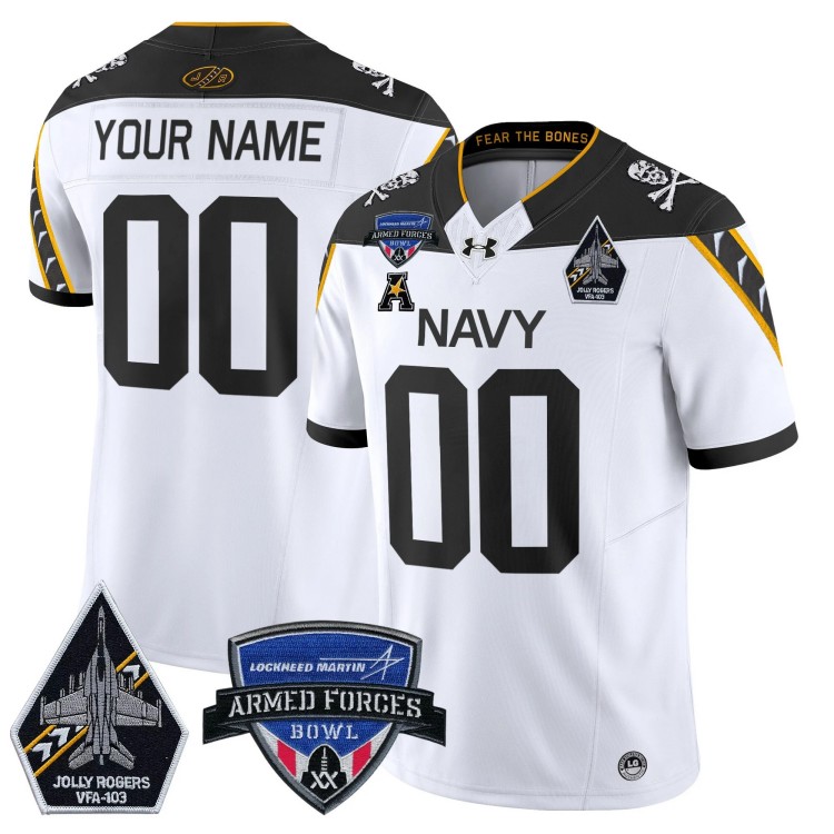 Custom Men's Youth Navy Midshipmen 2025 Armed Forces Bowl Jolly Rogers Patch Vapor Limited Stitched Football Jersey White