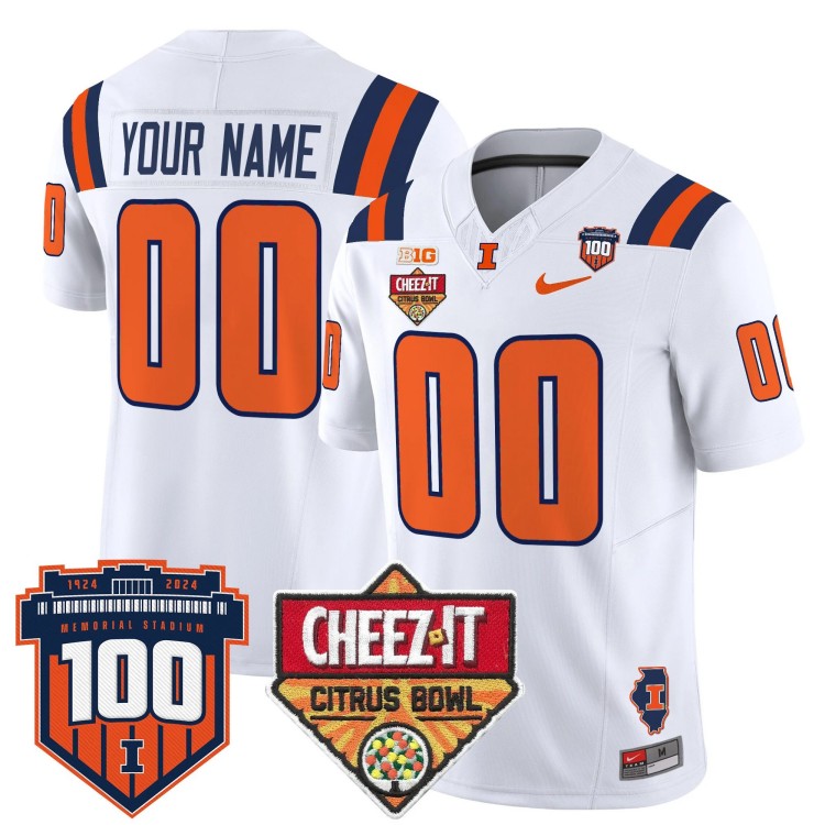 Custom Nike Men's Youth Illinois Fighting Illini 2025 Cheez-It Citrus Bowl Patch 100th Vapor Limited Stitched Jersey White