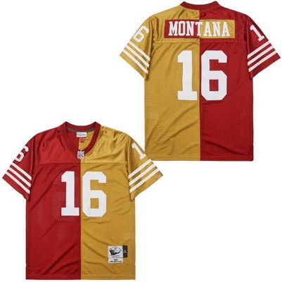 Men's San Francisco 49ers #16 Joe Montana Red Gold Split 1990 Throwback Jersey