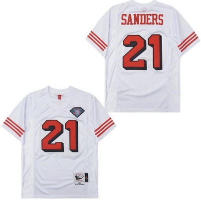 Men's San Francisco 49ers #21 Deion Sanders White 75th 1994 Throwback Jersey