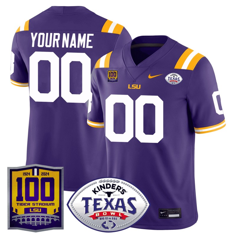 Custom LSU Tigers 100 Years of Tiger Stadium & Texas Bowl Patch Nike Vapor Limited College Football Stitched Jersey Purple