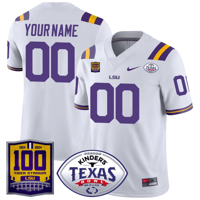 Custom LSU Tigers 100 Years of Tiger Stadium & Texas Bowl Patch Nike Vapor Limited College Football Stitched Jersey White