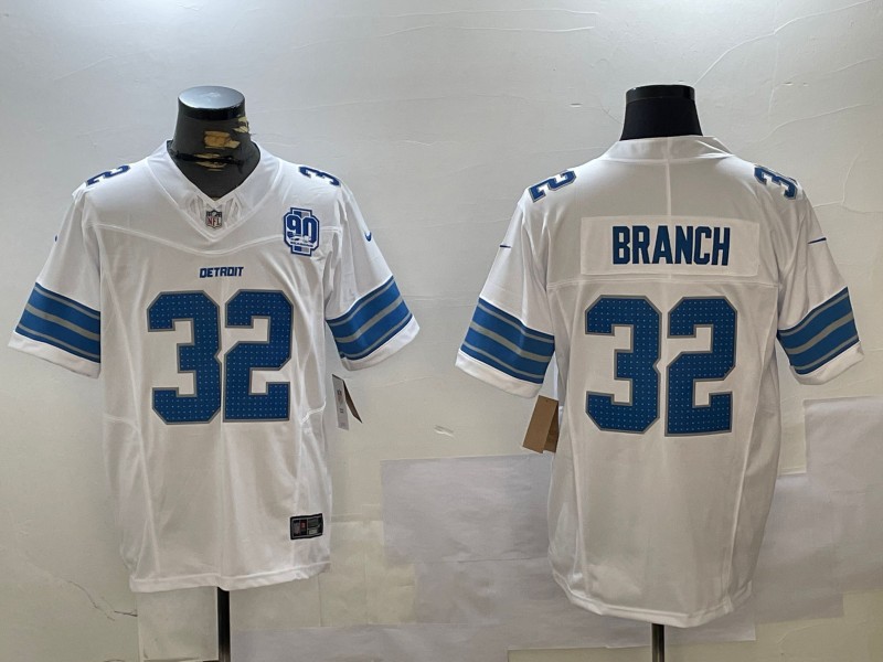 Men's Detroit Lions #32 Brian Branch White With 90th Patch 2024 F.U.S.E. Vapor Limited Stitched Jersey