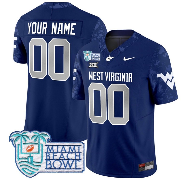 Custom West Virginia Mountaineers Jersey 2025 Miami Beach Bowl Patch FUSE Vapor Nike Limited Navy