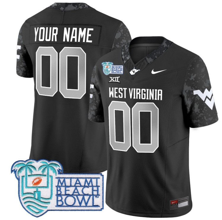 Custom West Virginia Mountaineers Jersey 2025 Miami Beach Bowl Patch FUSE Vapor Nike Limited Coal