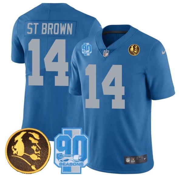 Men's Detroit Lions #14 Amon-Ra St. Brown Blue 2023 Vapor With John Madden and 90th Anniversary Patch Limited Stitched NFL Jersey