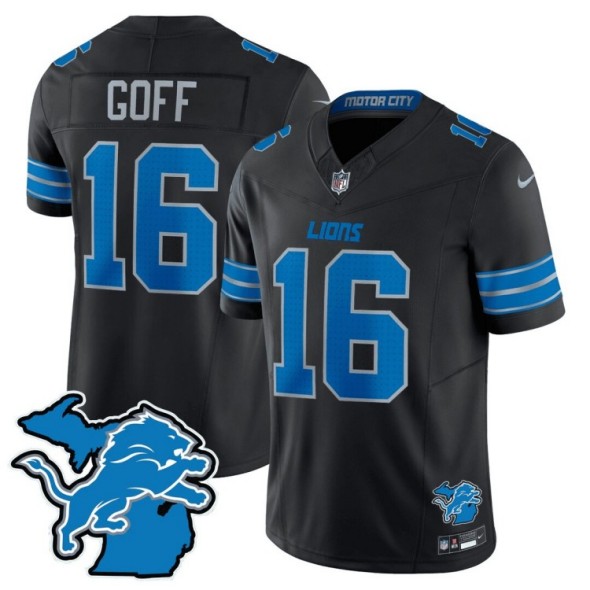 Men's Detroit Lions #16 Jared Goff Black 2024 F.U.S.E. With Michigan State Map Patch Vapor Limited Nike Stitched NFL Jersey